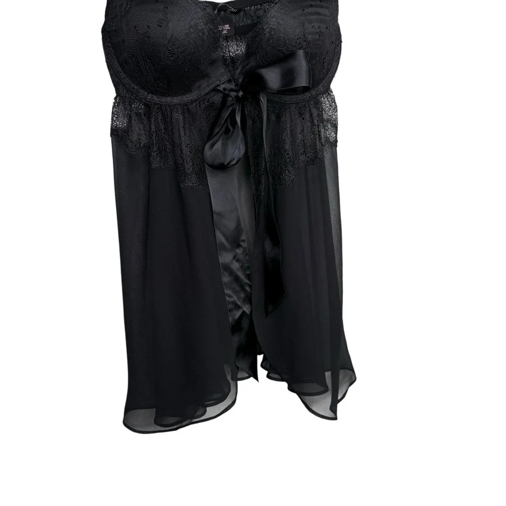 Victoria's Secret Women Babydoll Lingerie 32C Black Lace Bow Romantic Underwire